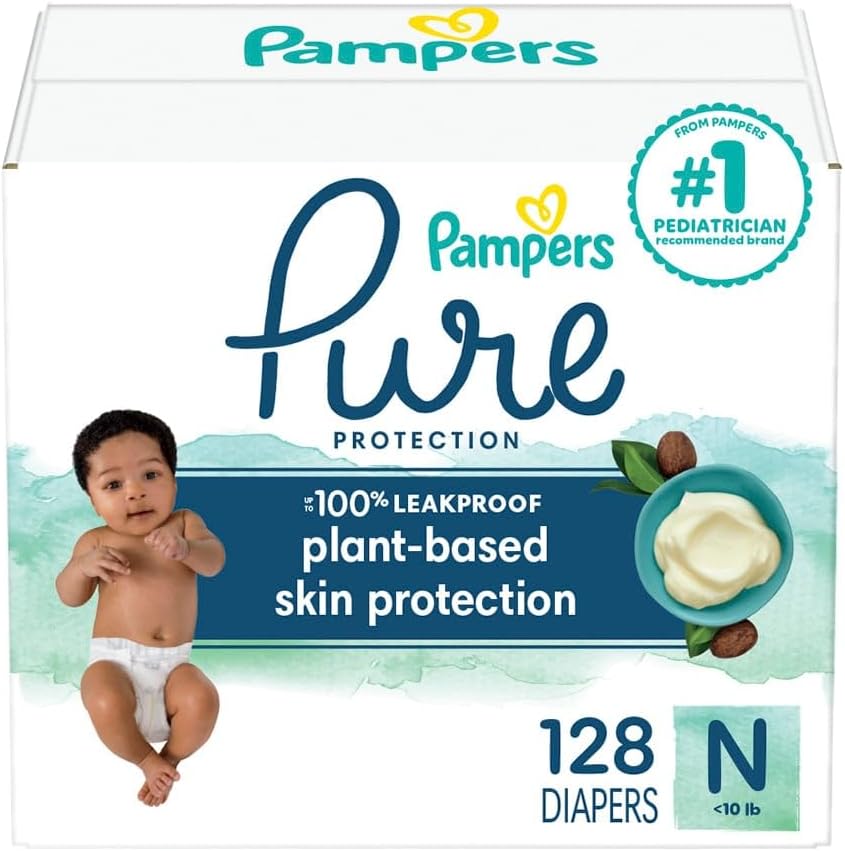Pampers Pure Protection Diapers Newborn – Size 0, 128 Count, Hypoallergenic Premium Disposable Baby Diapers