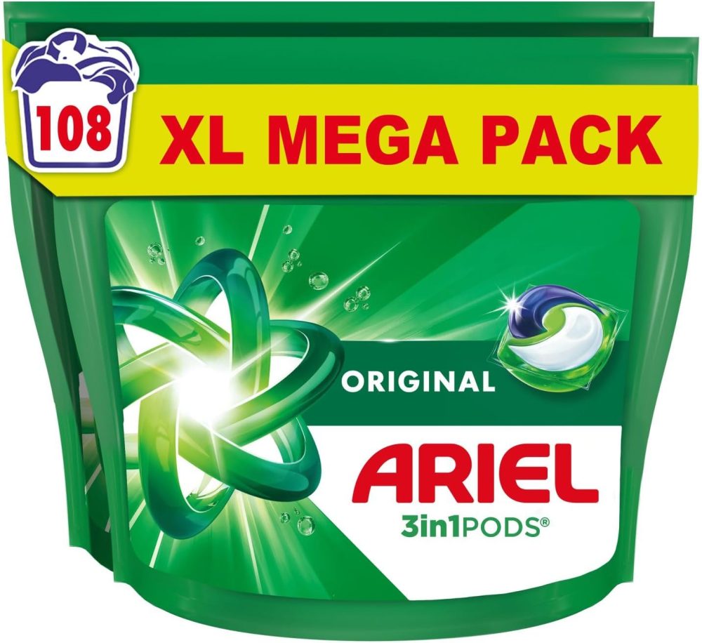 Ariel All-in-1 PODS Original Washing Liquid Laundry Detergent Tablets/Capsules, 108 Washes (54 x 2), Stain Remover For Clothes, Brilliant Cleaning Even In A Cold Wash