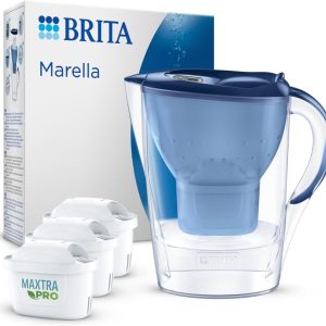 Brita Marella Water Filter Jug Blue (2.4 L) incl. 3 x Maxtra Pro All-in-1 Cartridge – Filter for Reducing Limescale, Chlorine, Lead, Copper and Taste-Disturbing Substances in Water