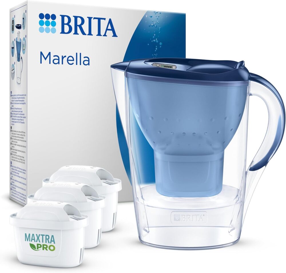 Brita Marella Water Filter Jug Blue (2.4 L) incl. 3 x Maxtra Pro All-in-1 Cartridge – Filter for Reducing Limescale, Chlorine, Lead, Copper and Taste-Disturbing Substances in Water