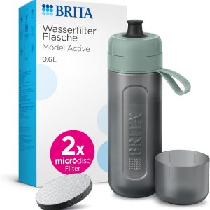 BRITA Sport Water Filter Bottle Model Active Dark Green (600 ml) Includes 2 MicroDisc Filters – Squeezable BPA-Free Bottle for Travel, Drinking Bottle Filters When Drinking/Dishwasher Safe