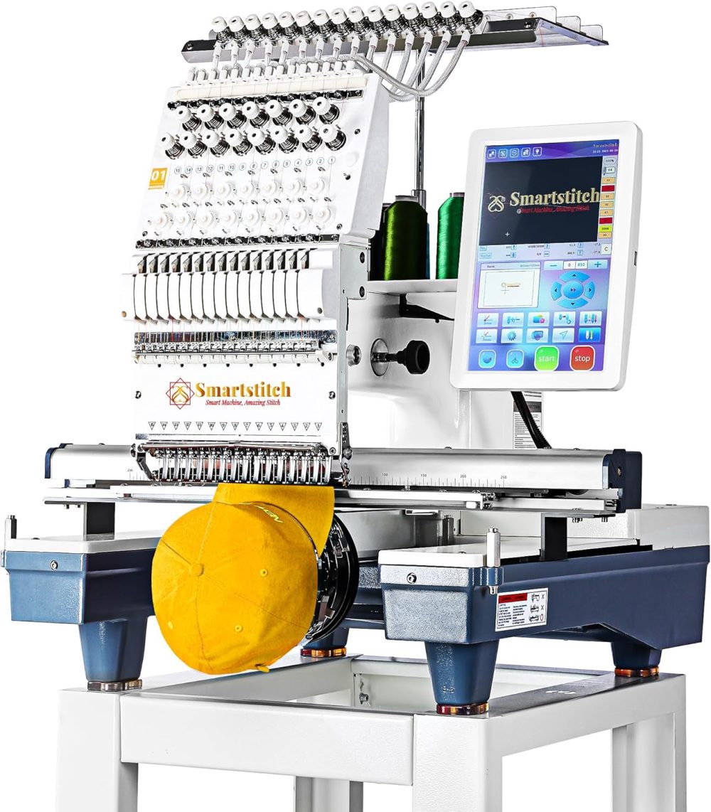 S-1501 Commercial Embroidery Machine with 15 Needles,14″x20″ Embroidery Area,1200SPM Max Speed,12″ Touch Screen, Wifi available, capable of embroidering on 3D Caps, Flat, T-shirt and more