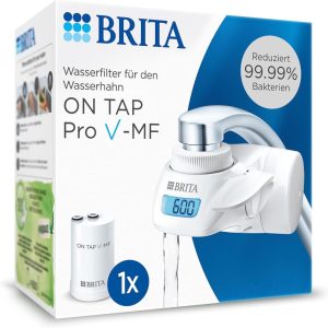 BRITA Water filter for tap on tap Pro V-MF including 1 filter cartridge (600 l) – reduces 99.99% bacteria, chlorine, microplastics and heavy metals / digital LCD display shows residual capacity