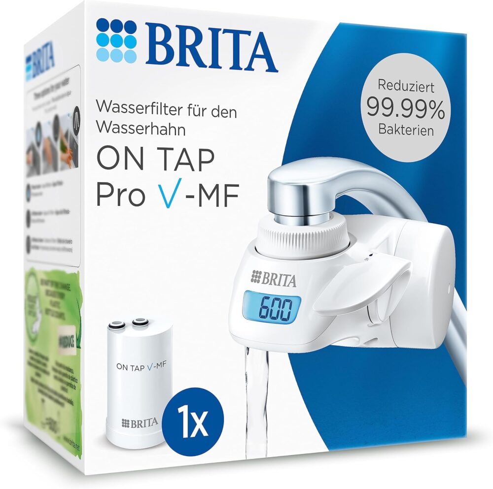 BRITA Water filter for tap on tap Pro V-MF including 1 filter cartridge (600 l) – reduces 99.99% bacteria, chlorine, microplastics and heavy metals / digital LCD display shows residual capacity