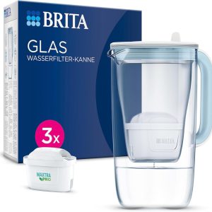 BRITA Glass Water Filter, Premium Jug, Light Blue (2.5 L), Includes 3 x MAXTRA PRO All-in-One Cartridge, Robust and Lightweight/Reduces Limescale, Chlorine, Metals such as Lead and Copper
