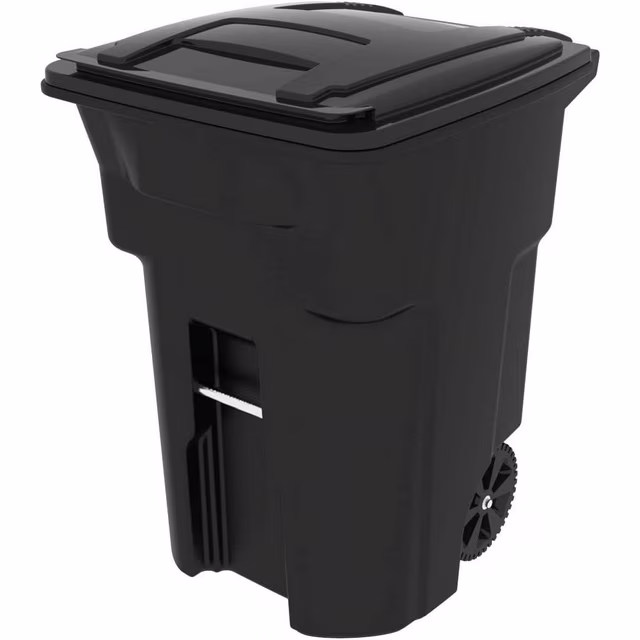 Residential Heavy Duty Two Wheeled Trash Can with Attached Lid, 96 Gallon, Black
