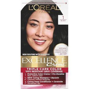 L’Oreal Paris Excellence Creme Permanent Triple Care Hair Color, 1 Black, Gray Coverage For Up to 8 Weeks, All Hair Types, Pack of 1